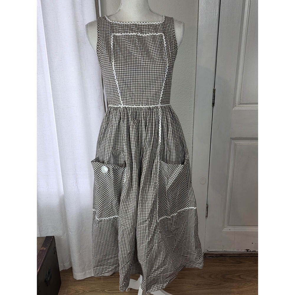 Vintage Gay Gibson Apron Dress 50s Gingham Plaid Brown Empire Waist Pockets XS